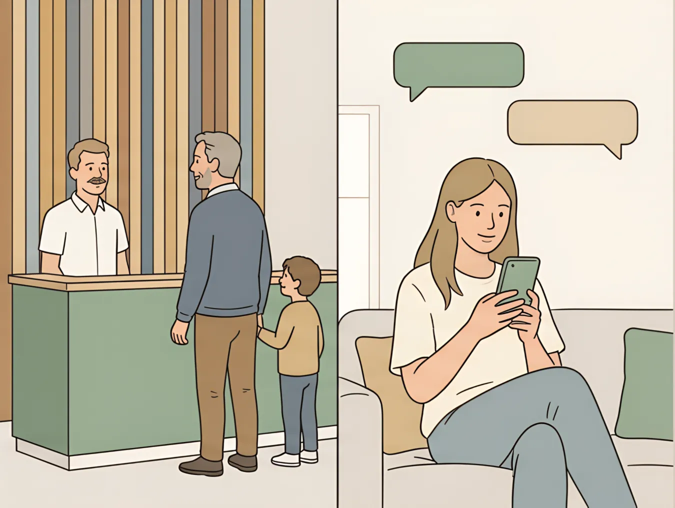 Illustratie: telefoon, chat, laptop en balie komen samen bij de entree van de praktijk