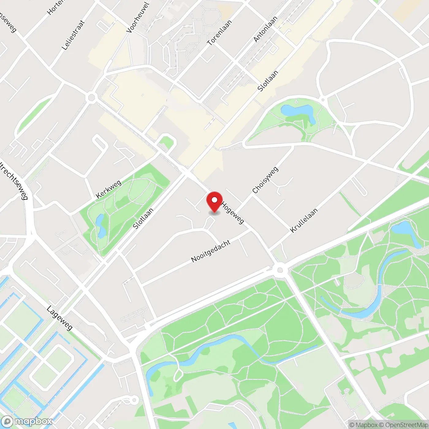 Plattegrond van het centrum van Zeist met een marker op De Hooght, 2e Hogeweg 38